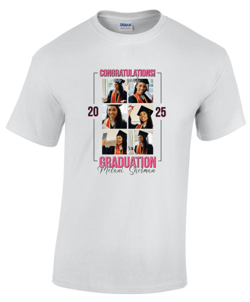 White t-shirt with graduation-themed design featuring multiple images of a person in a cap and gown, text 'Congratulations Graduation 2025', and a name.